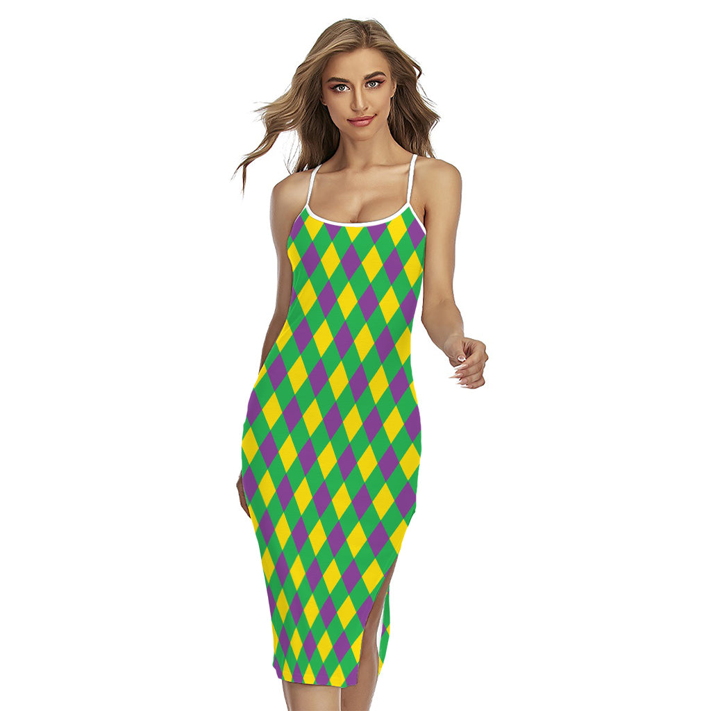 Mardi Gras Plaid Pattern Print Cross Back Cami Dress