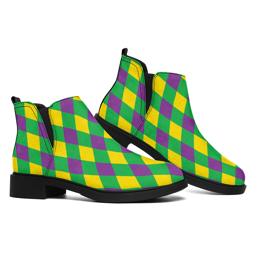 Mardi Gras Plaid Pattern Print Flat Ankle Boots