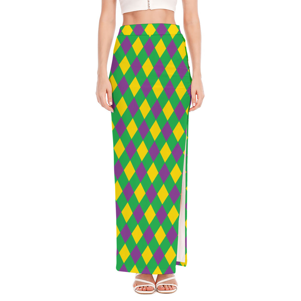 Mardi Gras Plaid Pattern Print High Slit Maxi Skirt