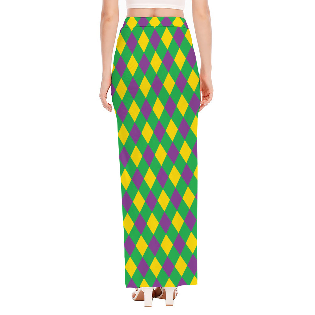 Mardi Gras Plaid Pattern Print High Slit Maxi Skirt