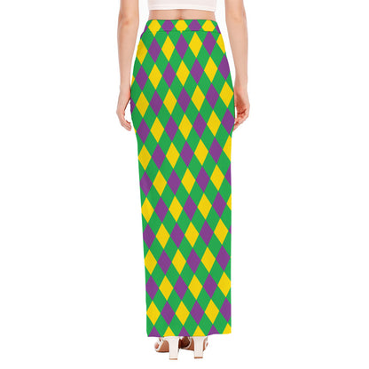 Mardi Gras Plaid Pattern Print High Slit Maxi Skirt