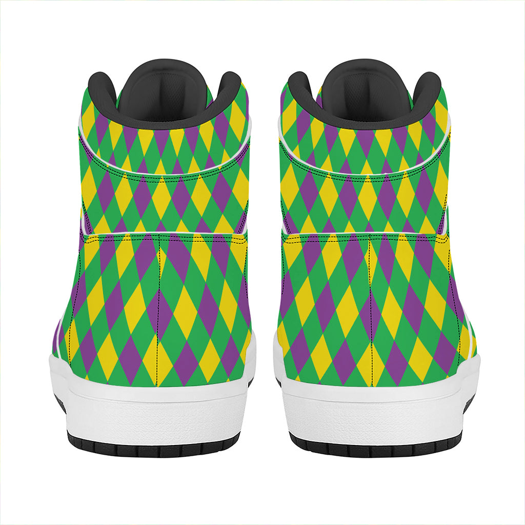 Mardi Gras Plaid Pattern Print High Top Leather Sneakers