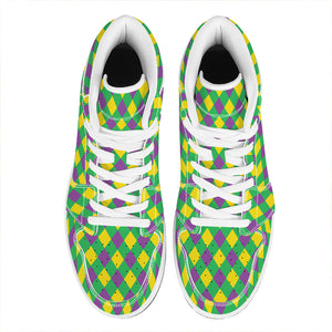 Mardi Gras Plaid Pattern Print High Top Leather Sneakers