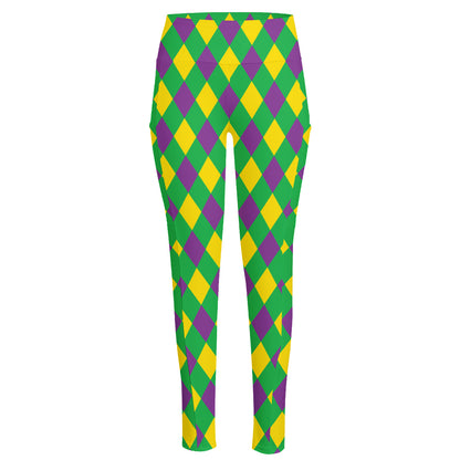 Mardi Gras Plaid Pattern Print High-Waisted Pocket Leggings