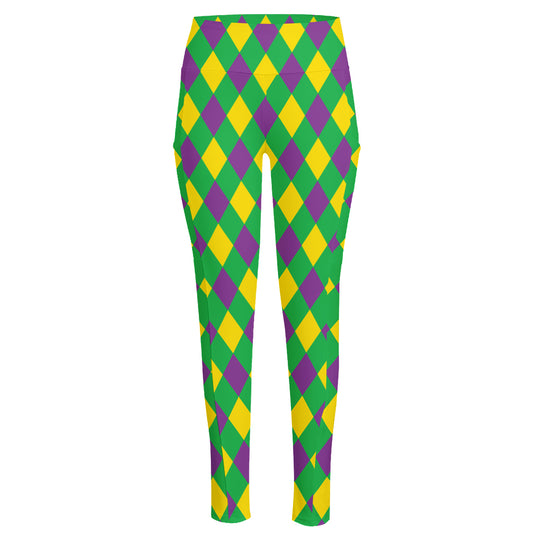 Mardi Gras Plaid Pattern Print High-Waisted Pocket Leggings