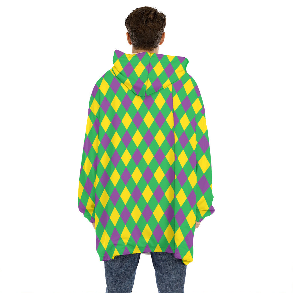 Mardi Gras Plaid Pattern Print Hoodie Blanket