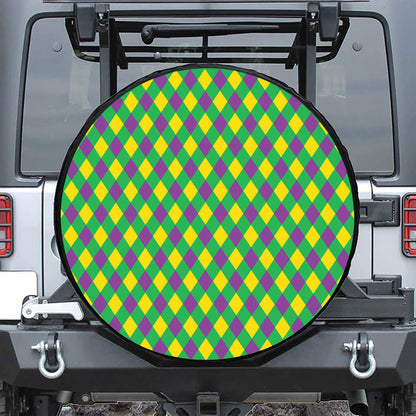 Mardi Gras Plaid Pattern Print Leather Spare Tire Cover
