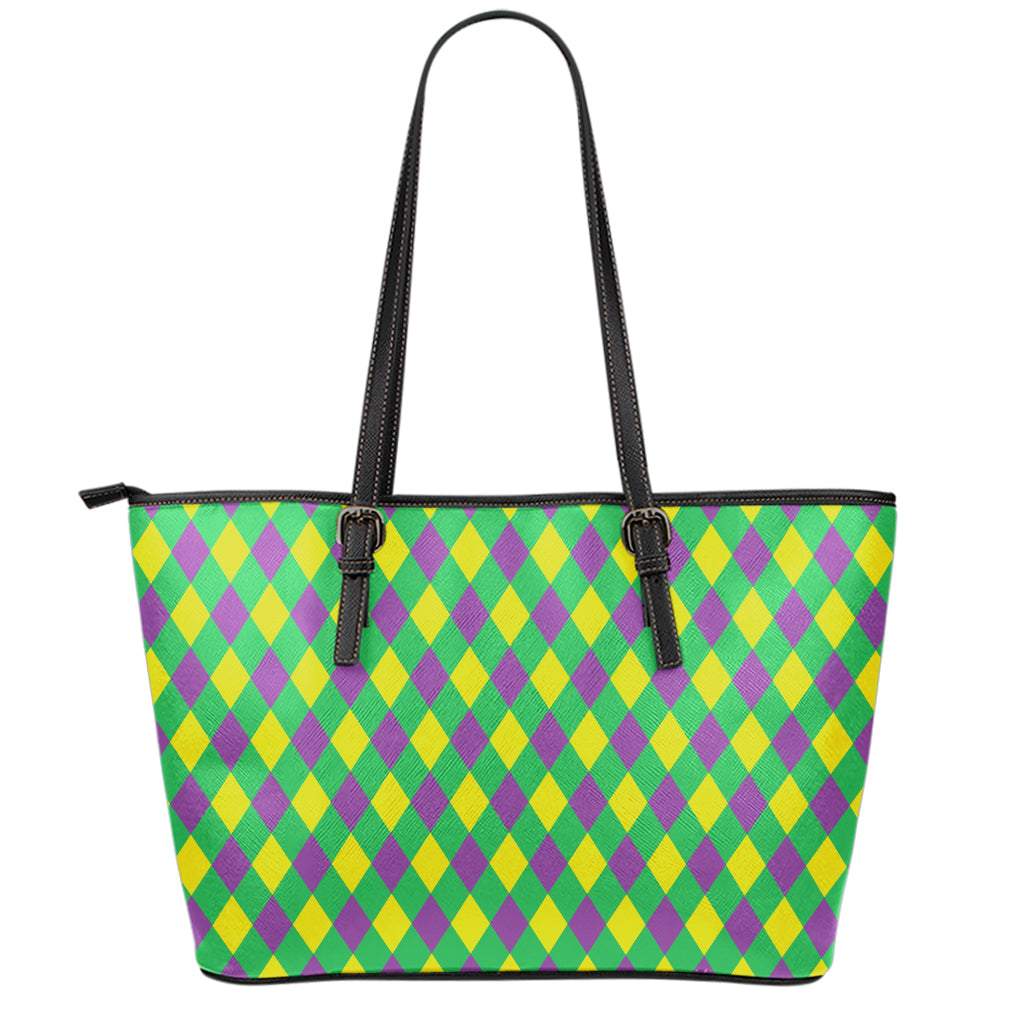Mardi Gras Plaid Pattern Print Leather Tote Bag