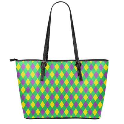 Mardi Gras Plaid Pattern Print Leather Tote Bag
