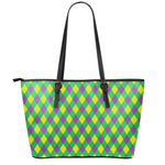 Mardi Gras Plaid Pattern Print Leather Tote Bag