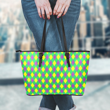 Mardi Gras Plaid Pattern Print Leather Tote Bag