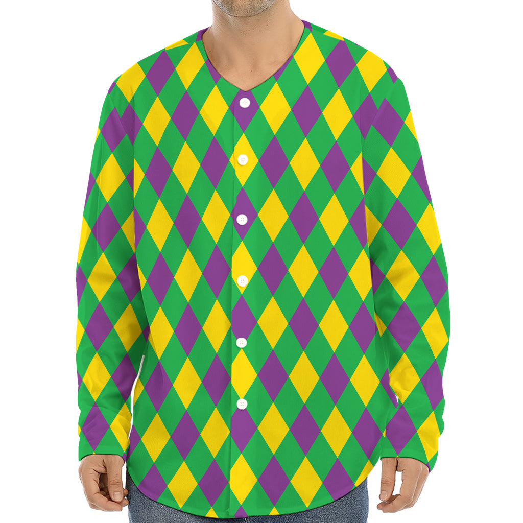 Mardi Gras Plaid Pattern Print Long Sleeve Baseball Jersey