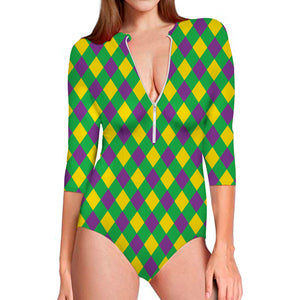 Mardi Gras Plaid Pattern Print Long Sleeve Swimsuit
