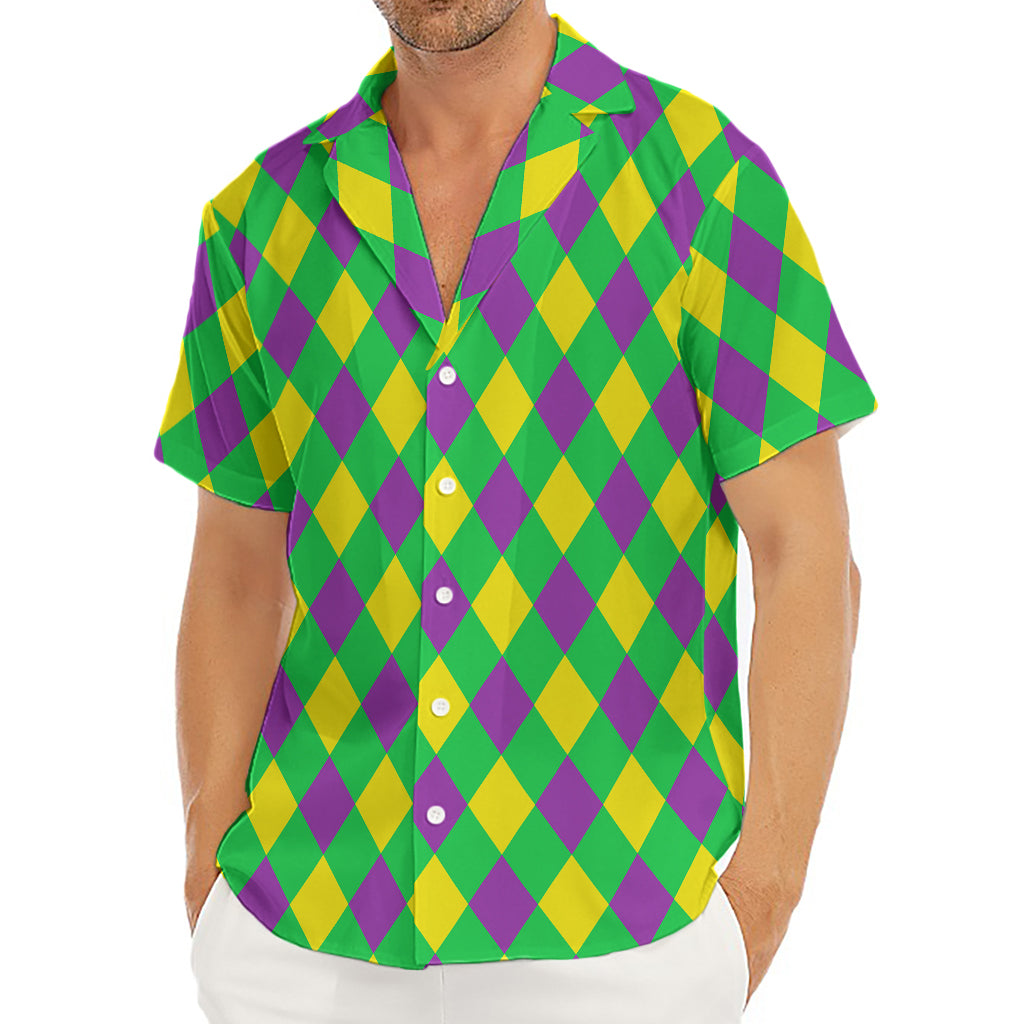 Mardi Gras Plaid Pattern Print Men's Deep V-Neck Shirt