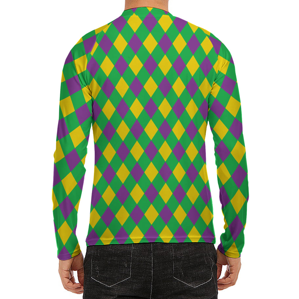 Mardi Gras Plaid Pattern Print Men's Long Sleeve Rash Guard