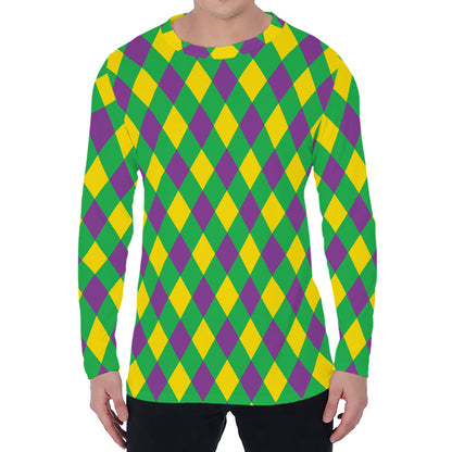 Mardi Gras Plaid Pattern Print Men's Long Sleeve T-Shirt