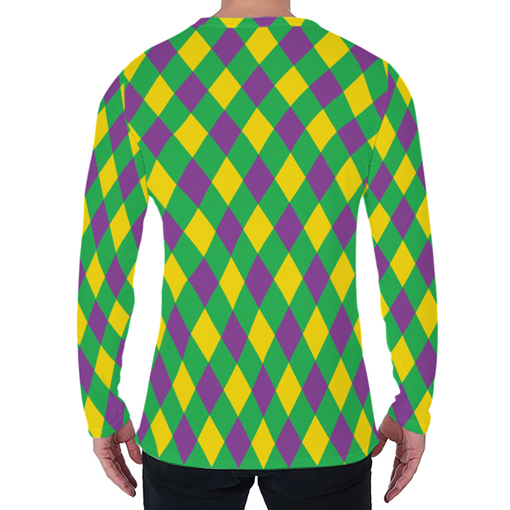 Mardi Gras Plaid Pattern Print Men's Long Sleeve T-Shirt