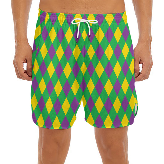Mardi Gras Plaid Pattern Print Men's Split Running Shorts