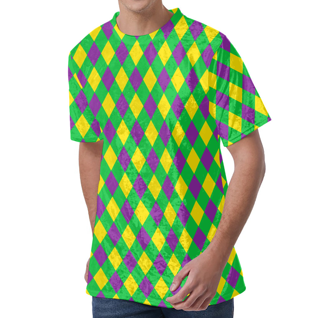 Mardi Gras Plaid Pattern Print Men's Velvet T-Shirt