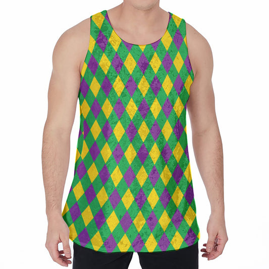 Mardi Gras Plaid Pattern Print Men's Velvet Tank Top