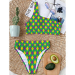 Mardi Gras Plaid Pattern Print One Shoulder Bikini Top