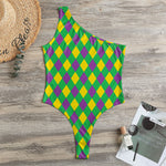 Mardi Gras Plaid Pattern Print One Shoulder Bodysuit