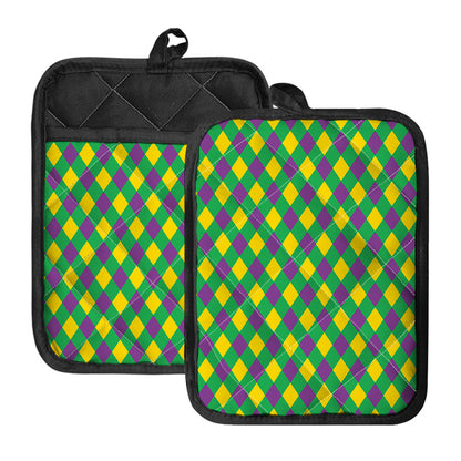 Mardi Gras Plaid Pattern Print Pot Holders With Pocket