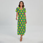 Mardi Gras Plaid Pattern Print Short Sleeve Maxi Dress
