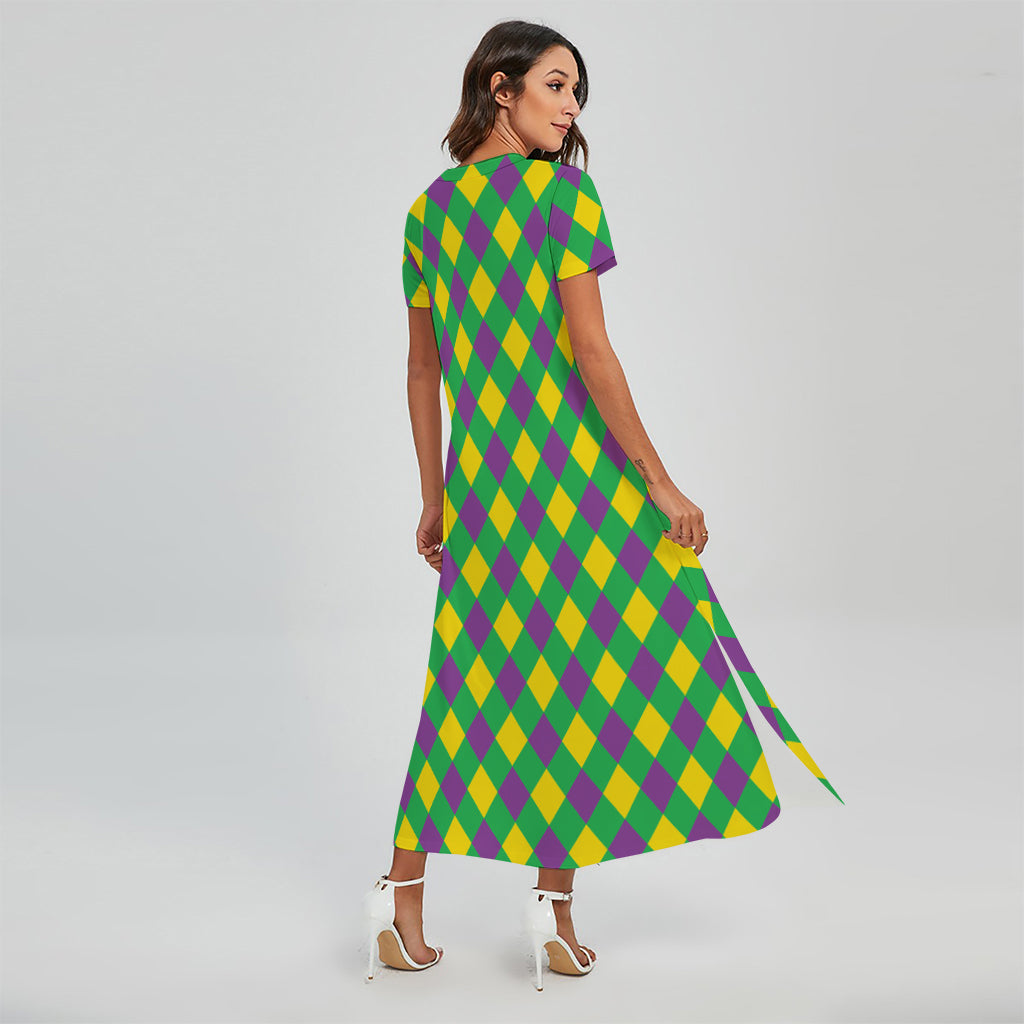 Mardi Gras Plaid Pattern Print Short Sleeve Maxi Dress