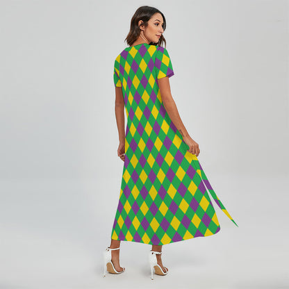 Mardi Gras Plaid Pattern Print Short Sleeve Maxi Dress