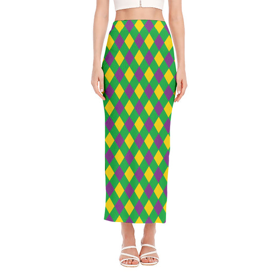 Mardi Gras Plaid Pattern Print Side Slit Maxi Skirt