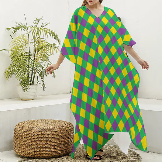 Mardi Gras Plaid Pattern Print Silk V-Neck Kaftan Dress