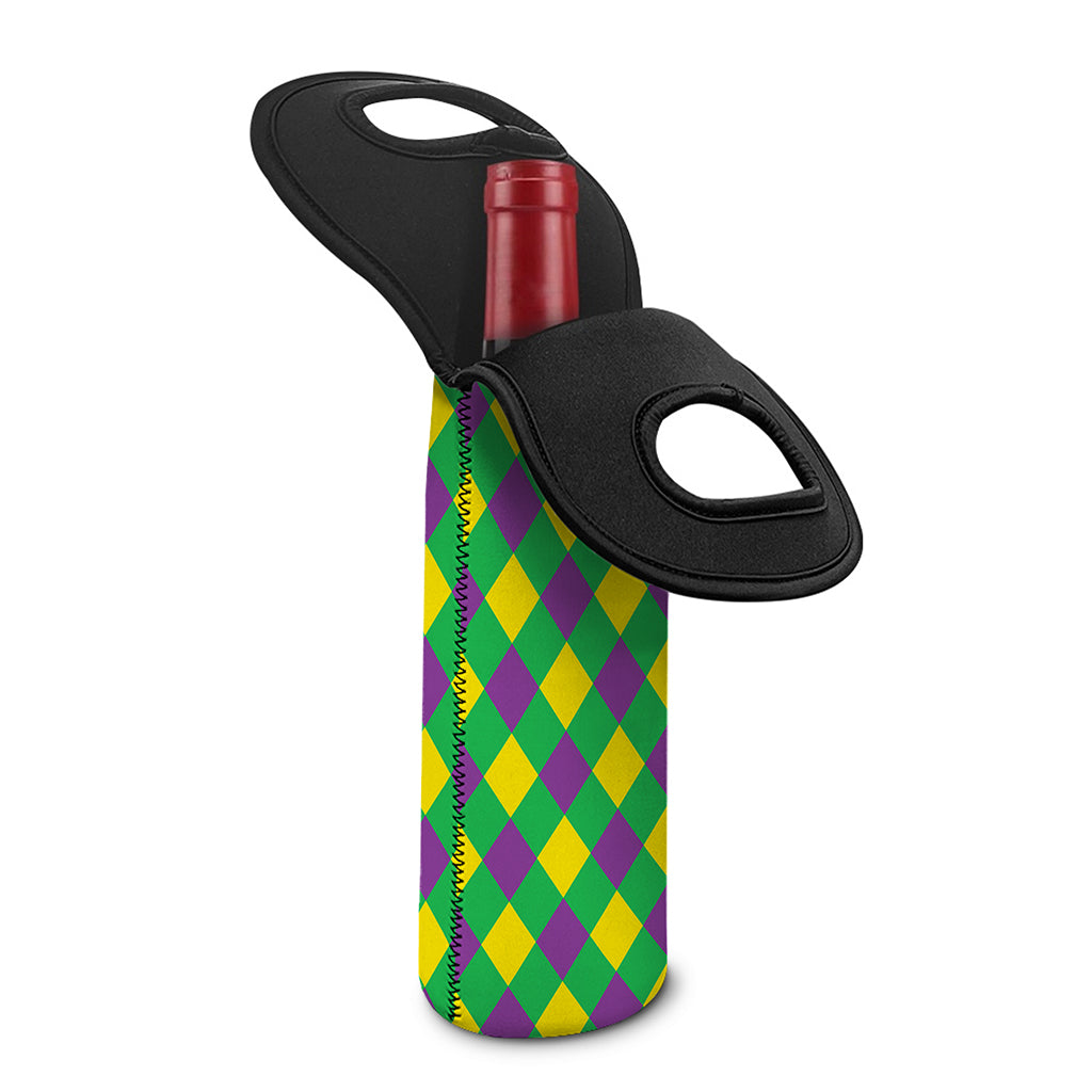 Mardi Gras Plaid Pattern Print Single Neoprene Wine Tote