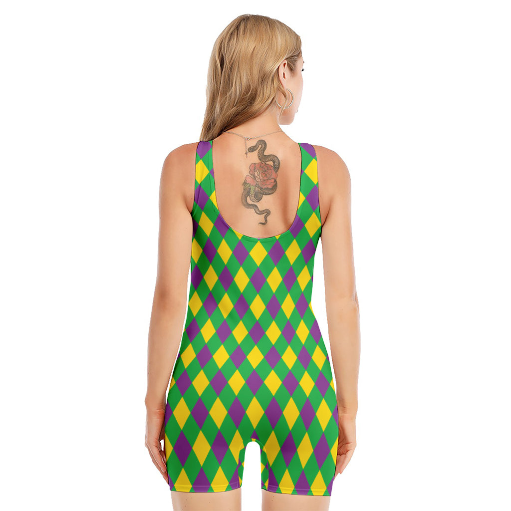 Mardi Gras Plaid Pattern Print Sleeveless One Piece Swimsuit