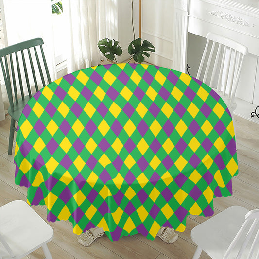 Mardi Gras Plaid Pattern Print Waterproof Round Tablecloth