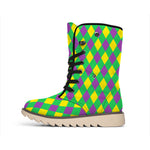 Mardi Gras Plaid Pattern Print Winter Boots