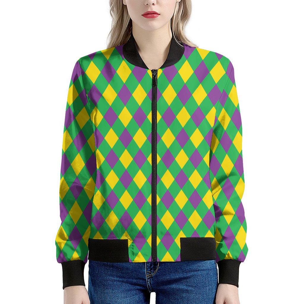 Mardi Gras Plaid Pattern Print Women's Bomber Jacket