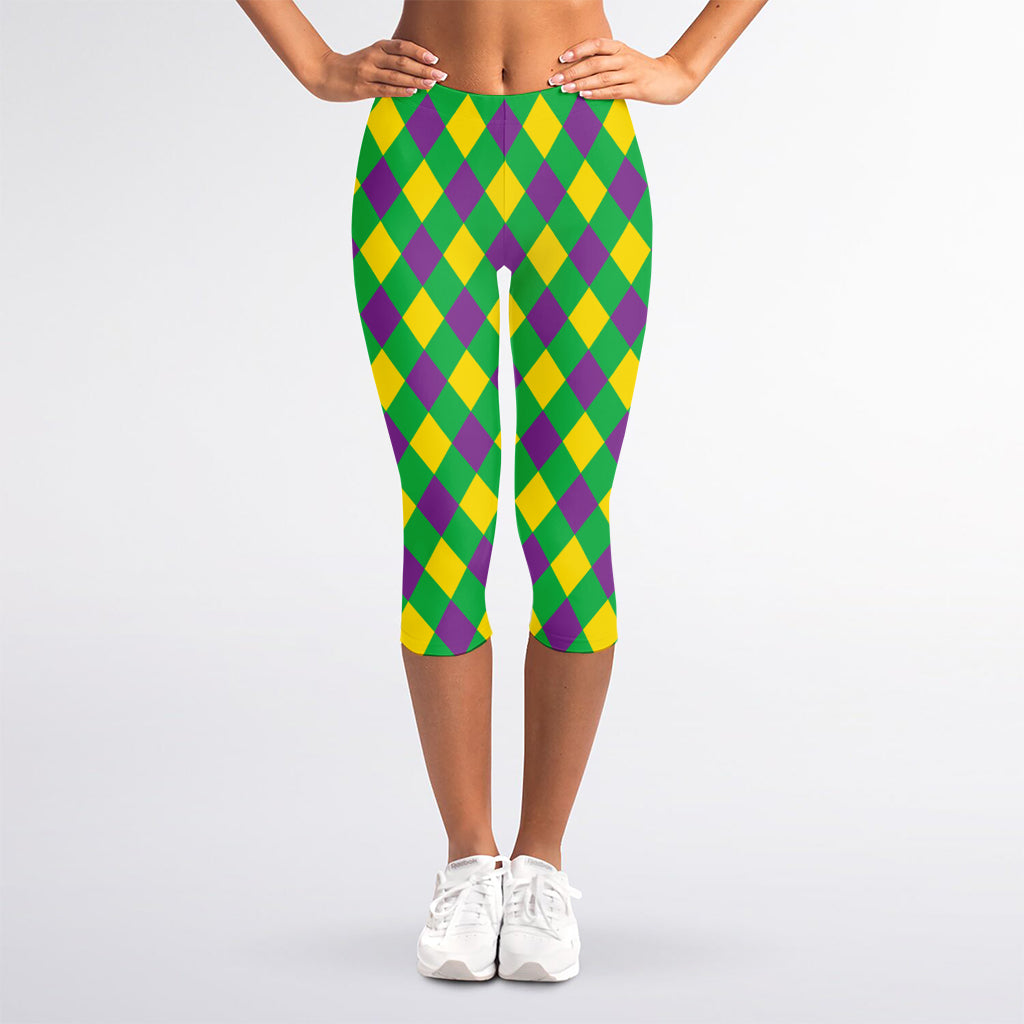 Mardi Gras Plaid Pattern Print Women's Capri Leggings