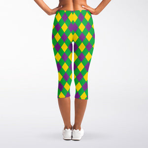 Mardi Gras Plaid Pattern Print Women's Capri Leggings