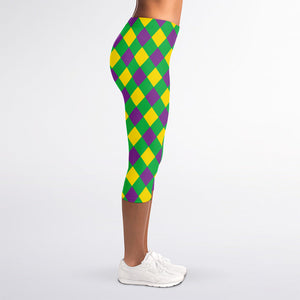 Mardi Gras Plaid Pattern Print Women's Capri Leggings