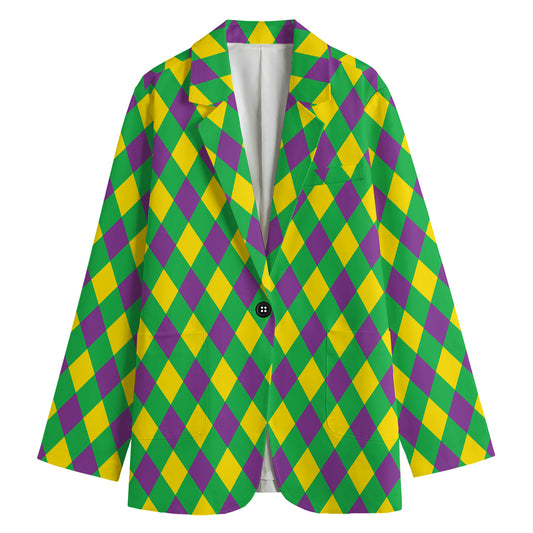 Mardi Gras Plaid Pattern Print Women's Cotton Blazer