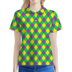 Mardi Gras Plaid Pattern Print Women's Polo Shirt