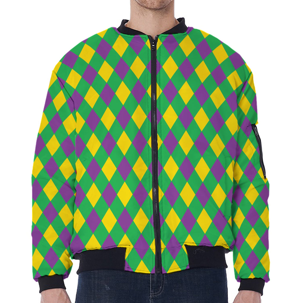Mardi Gras Plaid Pattern Print Zip Sleeve Bomber Jacket