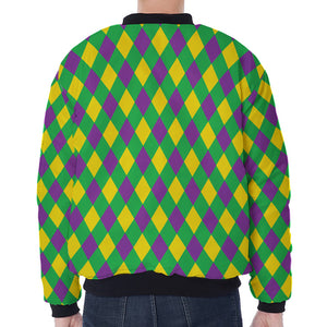 Mardi Gras Plaid Pattern Print Zip Sleeve Bomber Jacket