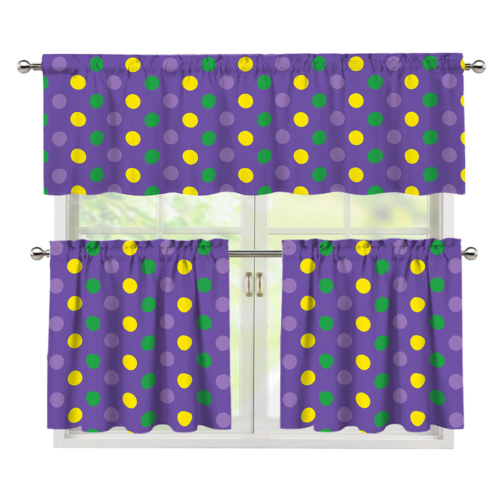Mardi Gras Polka Dot Pattern Print 3 Piece Kitchen Curtains