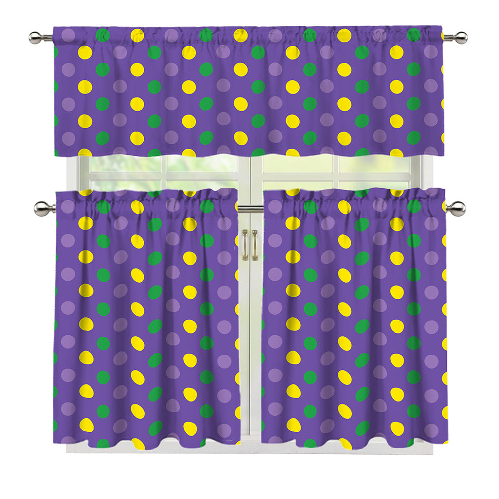 Mardi Gras Polka Dot Pattern Print 3 Piece Kitchen Curtains