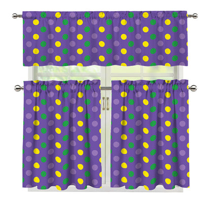 Mardi Gras Polka Dot Pattern Print 3 Piece Kitchen Curtains