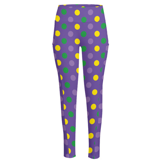Mardi Gras Polka Dot Pattern Print High-Waisted Pocket Leggings
