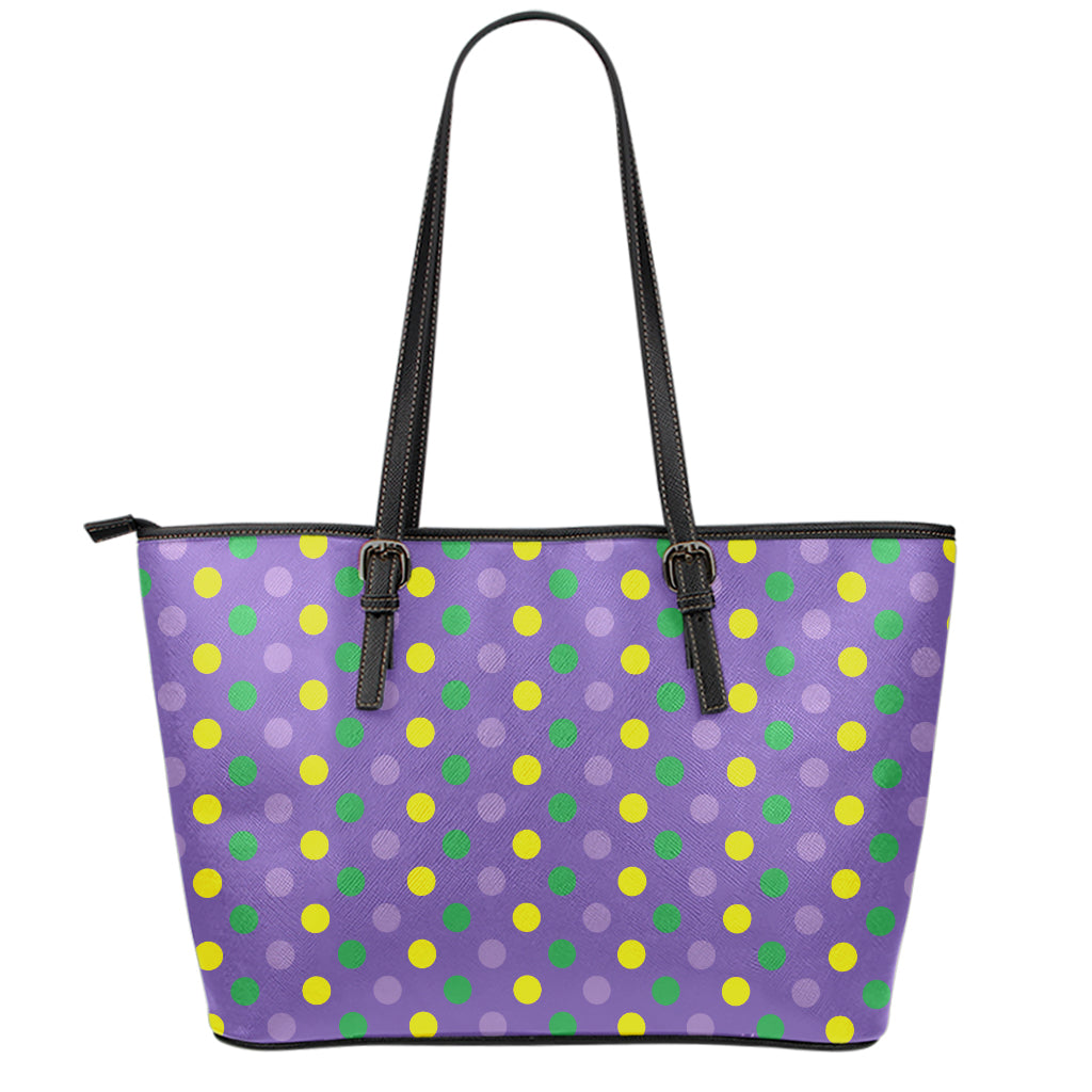 Mardi Gras Polka Dot Pattern Print Leather Tote Bag