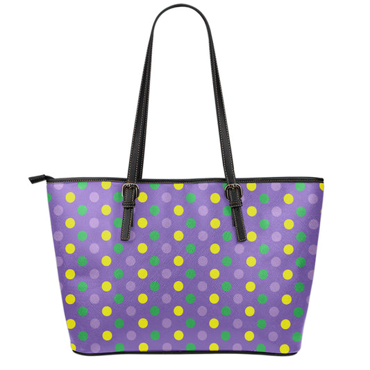 Mardi Gras Polka Dot Pattern Print Leather Tote Bag
